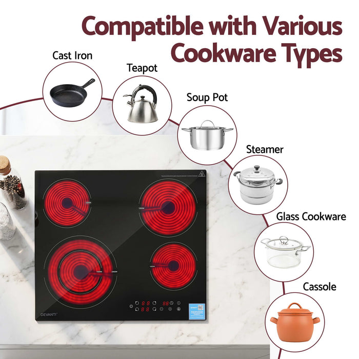 Devanti Ceramic Cooktop 5 Cooking Zone 4 Electric Hobs Touch Control 7600W Black