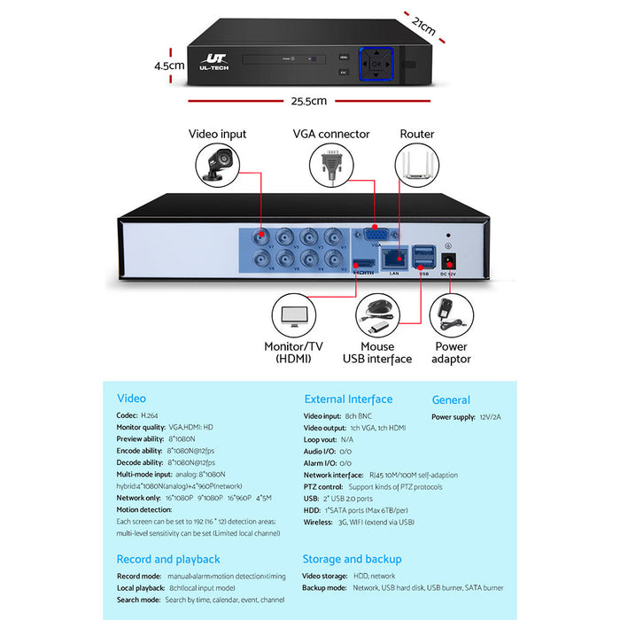 UL-tech CCTV Security System 8CH DVR 4 Cameras 1TB Hard Drive
