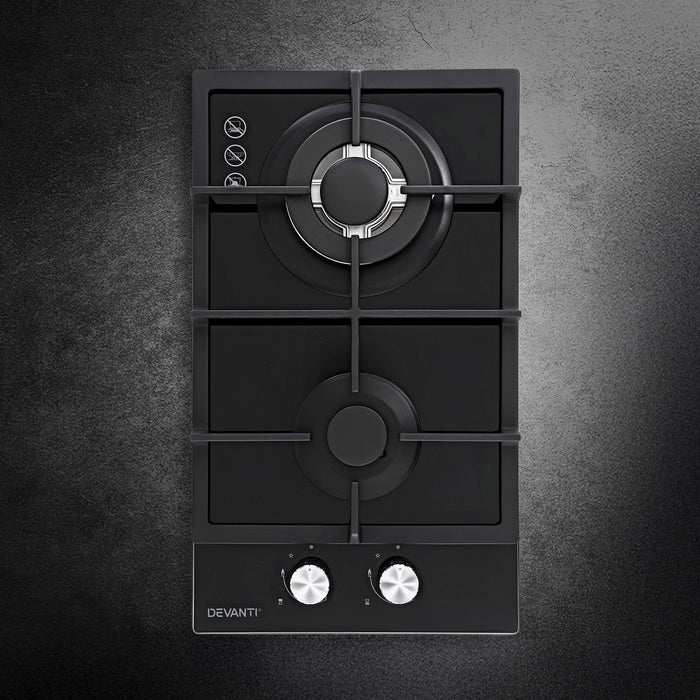 Devanti Gas Cooktop 30cm 2 Burner Built-in Stove Glass Cook Top NG LPG Wok Burner