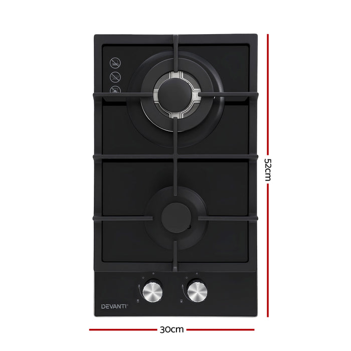 Devanti Gas Cooktop 30cm 2 Burner Built-in Stove Glass Cook Top NG LPG Wok Burner