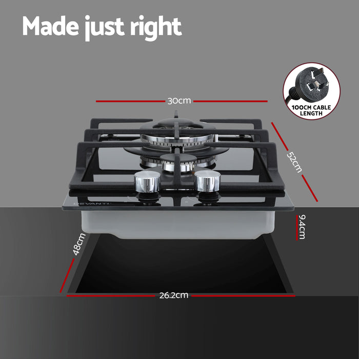 Devanti Gas Cooktop 30cm 2 Burner Built-in Stove Glass Cook Top NG LPG Wok Burner