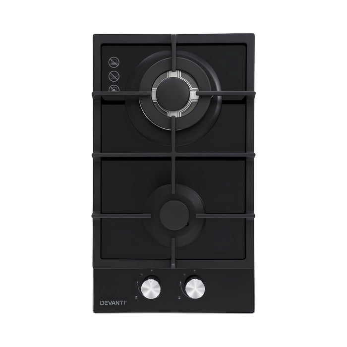 Devanti Gas Cooktop 30cm 2 Burner Built-in Stove Glass Cook Top NG LPG Wok Burner
