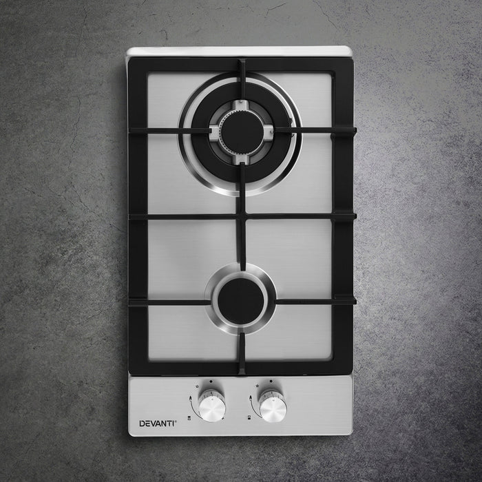 Devanti Gas Cooktop 30cm 2 Burner Silver