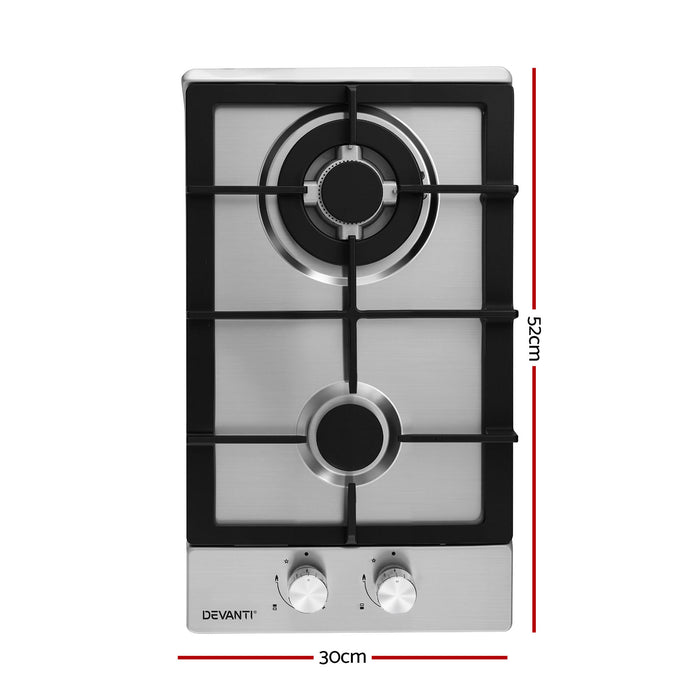 Devanti Gas Cooktop 30cm 2 Burner Silver