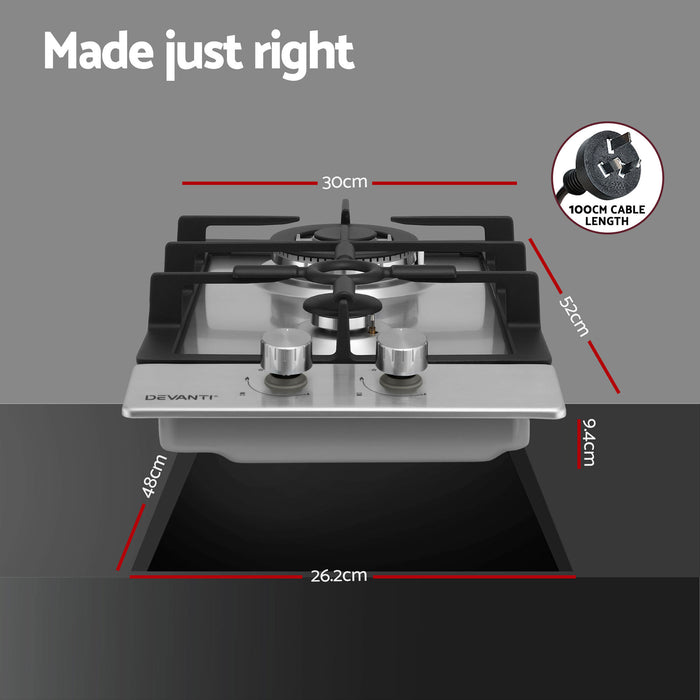 Devanti Gas Cooktop 30cm 2 Burner Silver