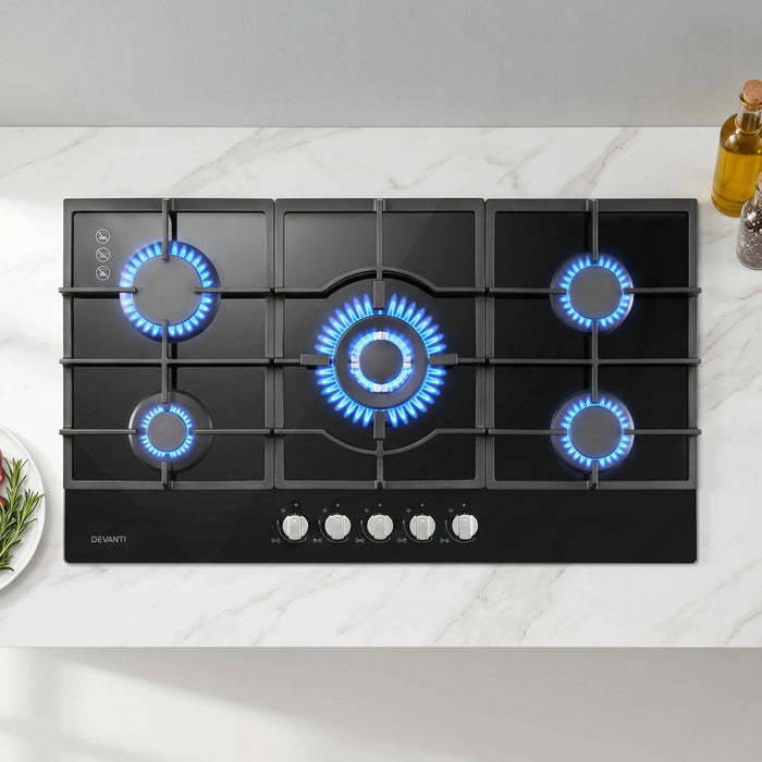 Devanti 90cm Gas Cooktop 5 Burner LPG NG Tempered Glass Hob Black