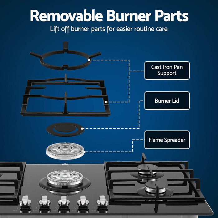 Devanti 90cm Gas Cooktop 5 Burner LPG NG Tempered Glass Hob Black
