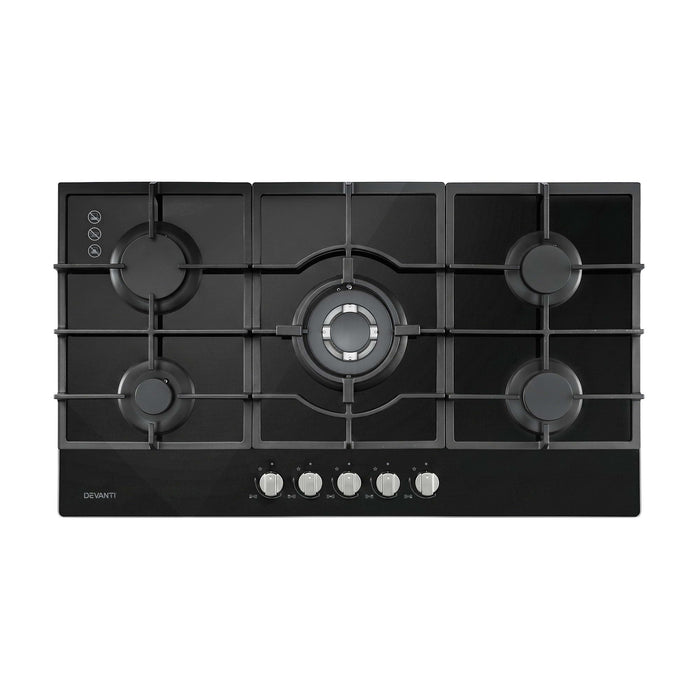 Devanti 90cm Gas Cooktop 5 Burner LPG NG Tempered Glass Hob Black