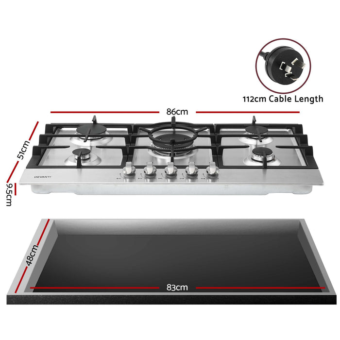 Devanti 90cm Gas Cooktop 5 Burner LPG NG Stainless Steel Hob Silver