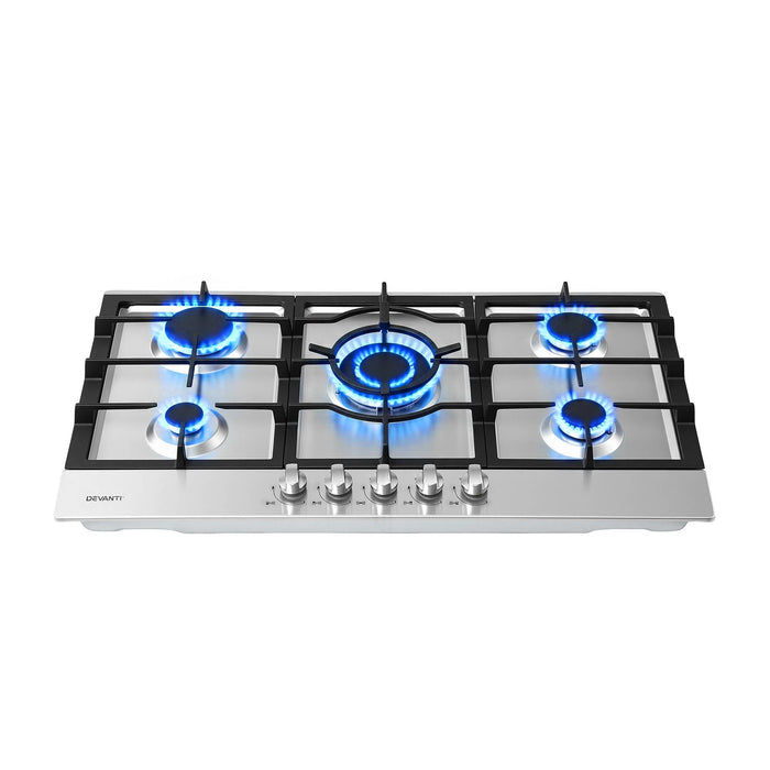 Devanti 90cm Gas Cooktop 5 Burner LPG NG Stainless Steel Hob Silver