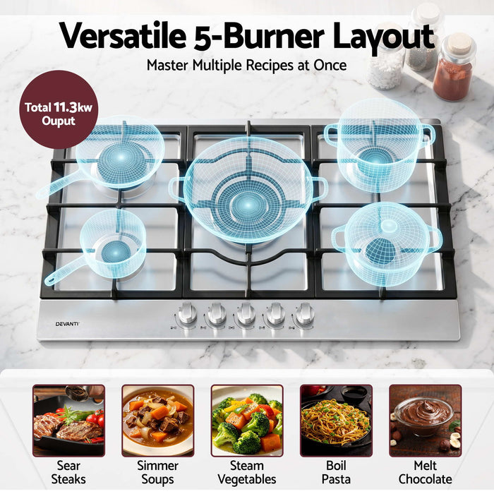 Devanti 90cm Gas Cooktop 5 Burner LPG NG Stainless Steel Hob Silver