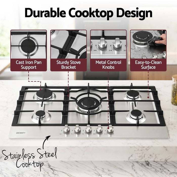 Devanti 90cm Gas Cooktop 5 Burner LPG NG Stainless Steel Hob Silver