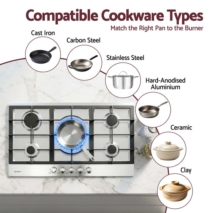 Devanti 90cm Gas Cooktop 5 Burner LPG NG Stainless Steel Hob Silver