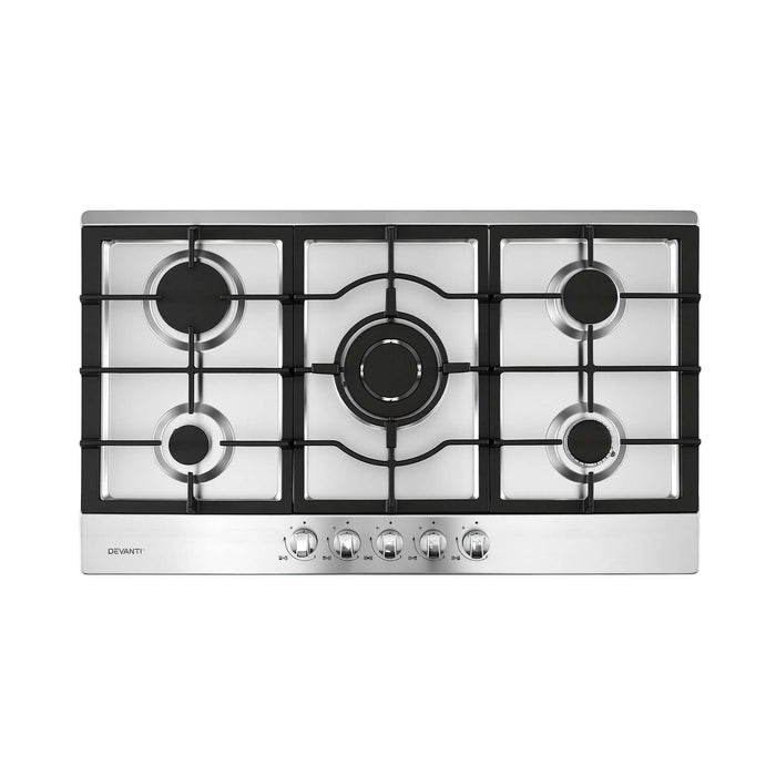 Devanti 90cm Gas Cooktop 5 Burner LPG NG Stainless Steel Hob Silver