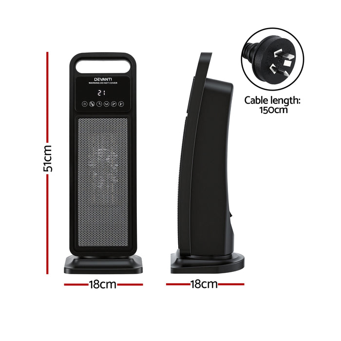 Devanti 2000W Ceramic Tower Heater Space Heaters Indoor Oscillating Black