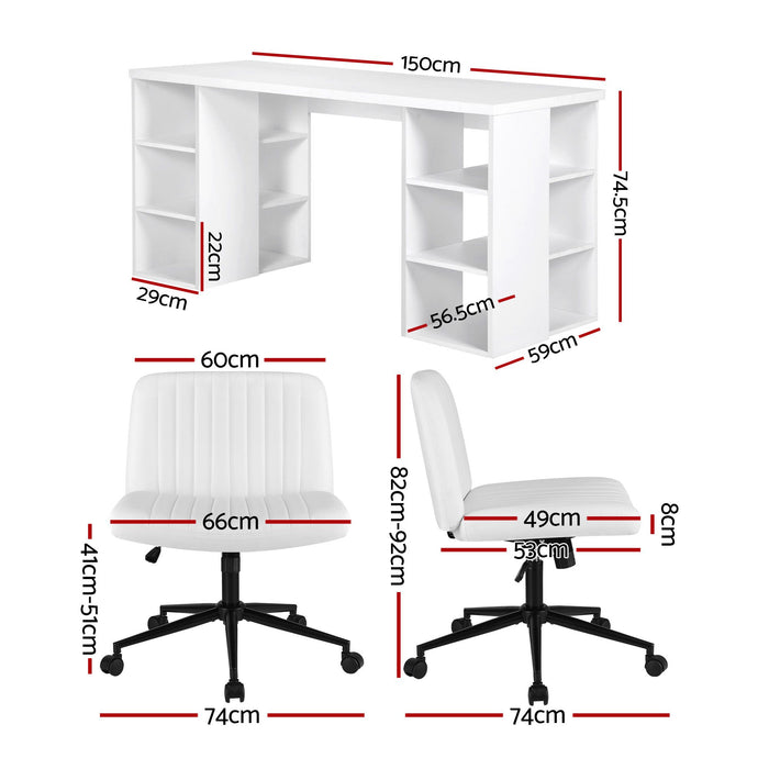 Artiss Office Desk & Chair Set 150cm Computer Desk with 6 Storage Shelves & Ergonomic Cross Legged Chair Armless Cross PU Leather Office Chair with Wheels