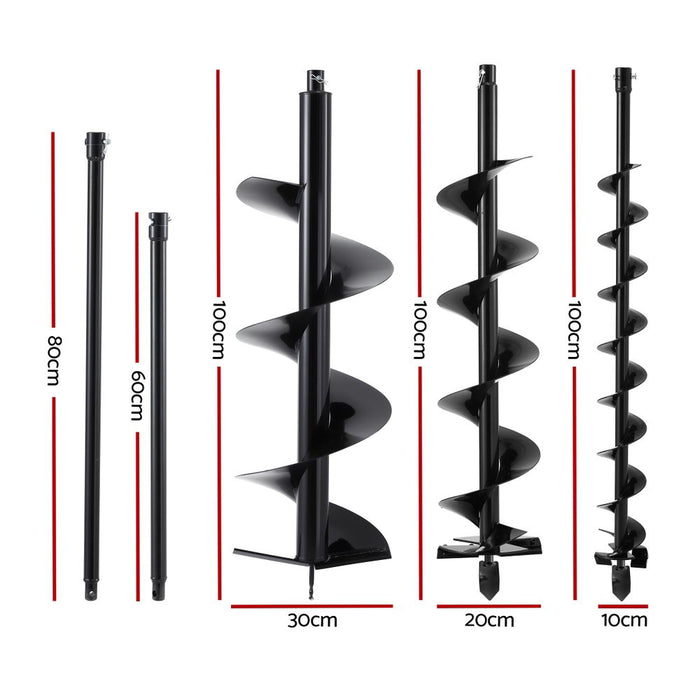 Giantz Post Hole Digger Auger Drill Bit Set 100mm 200mm 300mm Carbon Steel Black