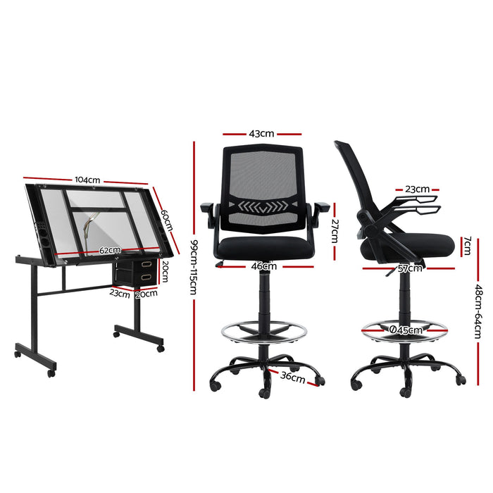 Artiss Drawing Table with Ergonomic Office Chair, Drafting Tables with Tempered Glass Desktop, Removable Drawers, Drafting Stool with Height Adjustable for Artwork Painting Studio