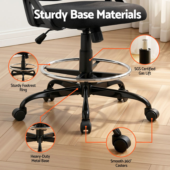 Artiss Drawing Table with Ergonomic Office Chair, Drafting Tables with Tempered Glass Desktop, Removable Drawers, Drafting Stool with Height Adjustable for Artwork Painting Studio