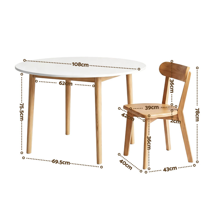Artiss Round Dining Table and Chairs Set 5 PCS, 108cm Compact Kitchen Table Set with Solid Pine Wood Legs & 4 Ergonomic Rubber Wood Chairs,White Timber Dining Set for Small Space