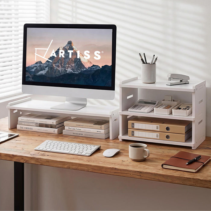 Artiss Monitor Stand and 3-Tier Desk Organiser 2-in-1 Modular Computer Monitor Riser PVC Desktop Shelf Holds 20kg for Office Students Gaming