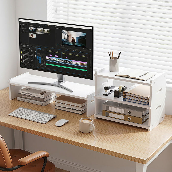 Artiss Monitor Stand and 3-Tier Desk Organiser 2-in-1 Modular Computer Monitor Riser PVC Desktop Shelf Holds 20kg for Office Students Gaming