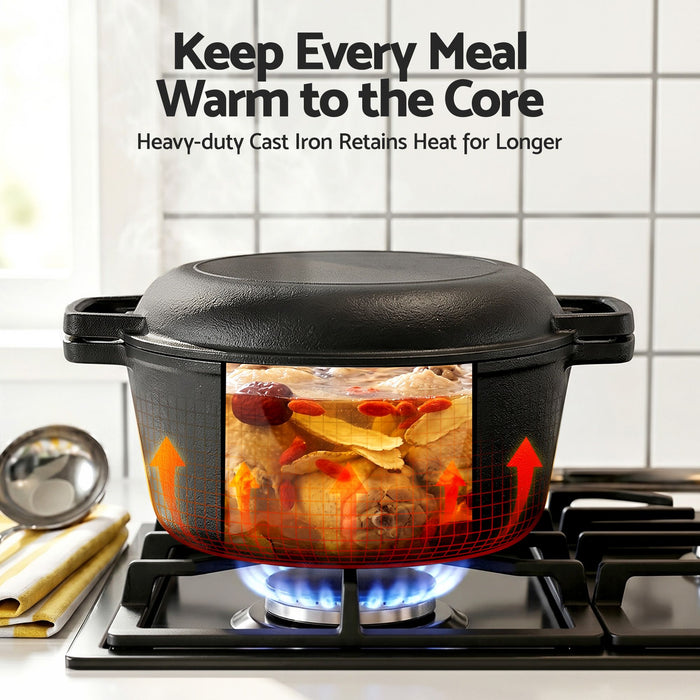 5-Star Chef 5L 2-In-1 Pre-Seasoned Cast Iron Dutch Oven Pot with Lid and Dual Handles for Sourdough Bread Baking