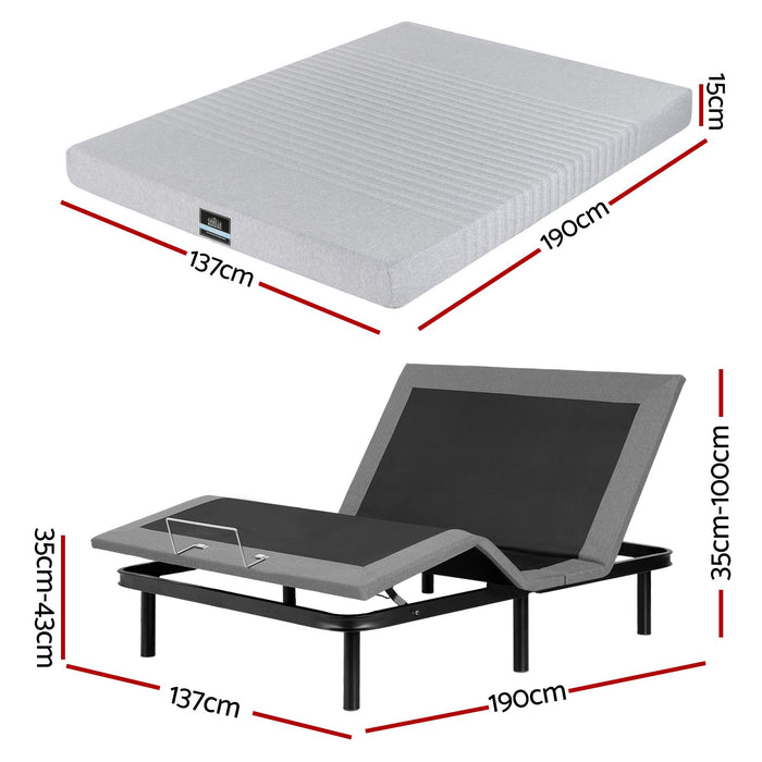 Artiss Double Bed Frame and Giselle Bedding Double Memory Foam Mattress Set, Electric Bed Base with Zero Gravity & 7 Zone Cooling Comfort for Back Pain Relief, Black & Grey,15cm Thickness