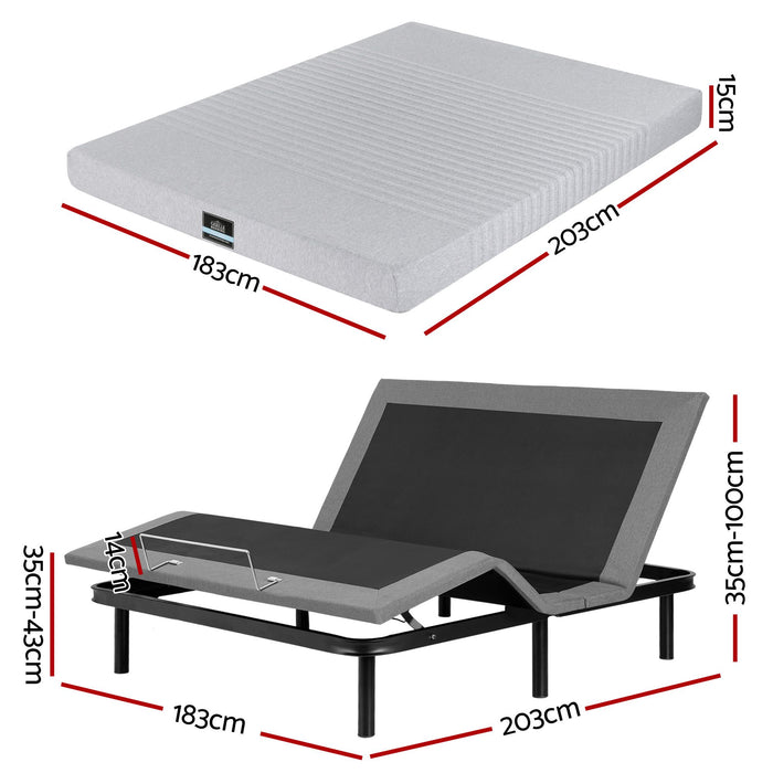 Artiss King Bed Frame and Giselle Bedding King Memory Foam Mattress Set, Electric Bed Base with Zero Gravity & 7 Zone Cooling Comfort for Back Pain Relief, Black & Grey, 15cm Thickness