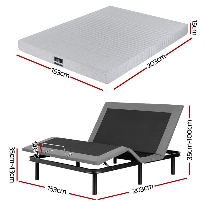 Artiss Queen Bed Frame and Giselle Bedding Queen Memory Foam Mattress Set, Electric Bed Base with Zero Gravity & 7 Zone Cooling Comfort for Back Pain Relief, Black & Grey, 15cm Thickness