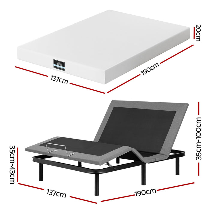 Artiss Double size bed frame & Giselle Bedding Double Mattress Combo, adjustable bed Base for Snoring Relief, Independent Head Foot Incline, Wireless Remote, Black,20cm Thickness
