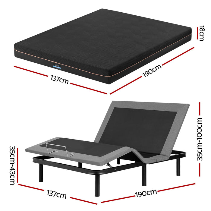 Artiss Double size bed frame with Giselle Bedding Double Mattress, adjustable bed Base Combo for Snoring Relief, Independent Head Foot Incline, Wireless Remote, Black,18cm Thickness