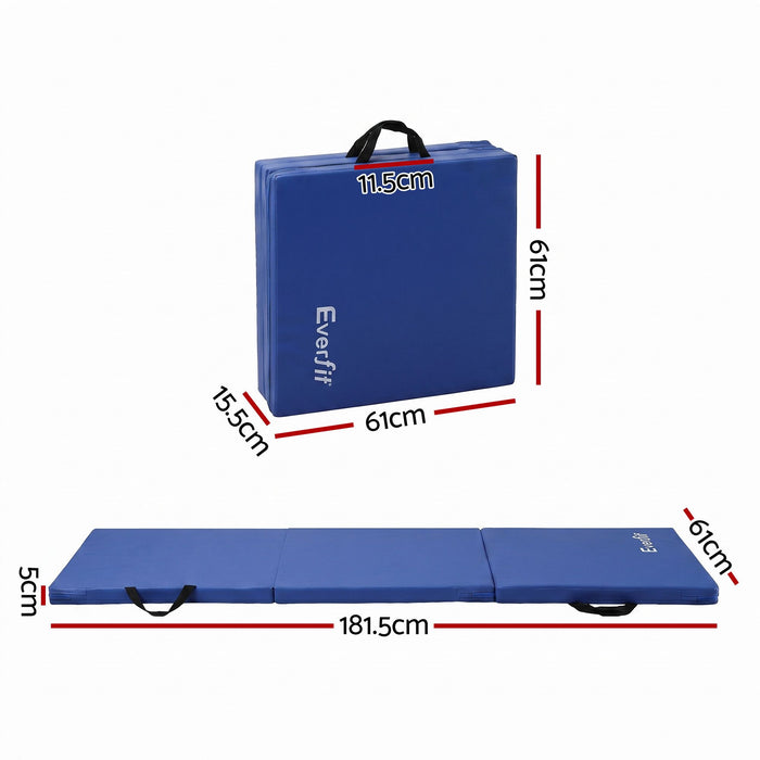 Everfit 180x60cm Gymnastics Mats Folding Exercise Floor Mat Portable 3 Fold Tumbling Mat Blue