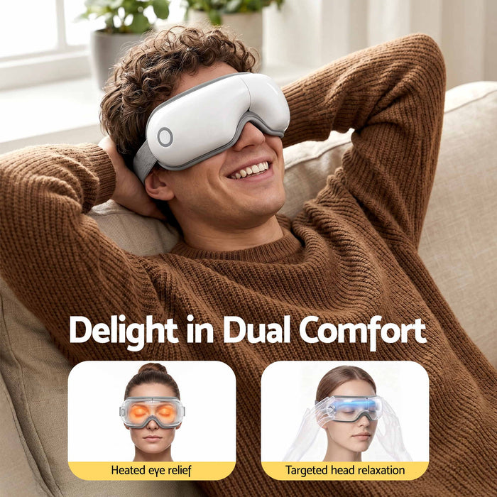 Livemor Eye Massager with Heat & Vibration | 180° Foldable Electric Eye Heat Mask with Bluetooth Music for Fatigue Relief | Rechargeable 3D Wrap-Around Temple Massager, White