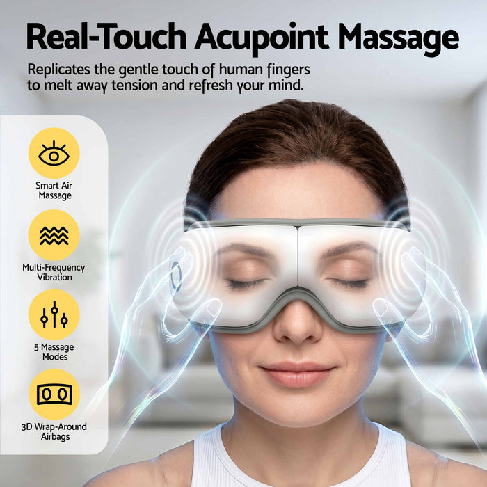 Livemor Eye Massager with Heat & Vibration | 180° Foldable Electric Eye Heat Mask with Bluetooth Music for Fatigue Relief | Rechargeable 3D Wrap-Around Temple Massager, White