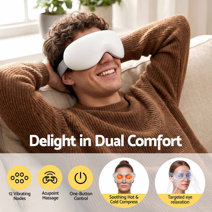 Livemor Eye Massager with Cooling & Heating | Dual Hot Cold Compress Goggles with 12 Vibrating Nodes for Migraine Relief | Wireless Bluetooth Eye Mask with 10Min Timer & 2400mAh Battery, White