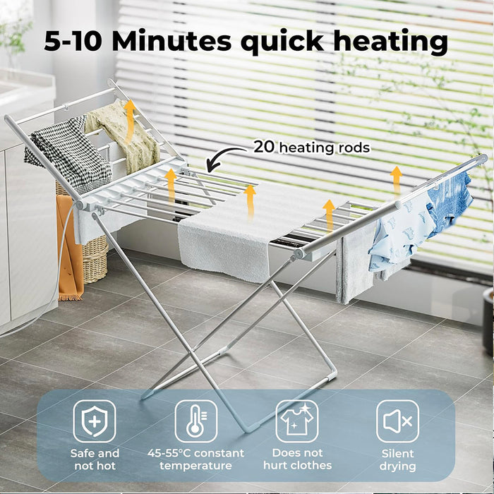 20 Bars Electric Heated Cloth Rack Airer Aluminum Indoor Portable Towel Drying