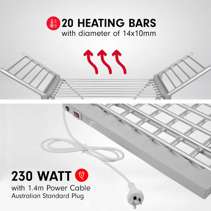 20 Bars Electric Heated Cloth Rack Airer Aluminum Indoor Portable Towel Drying