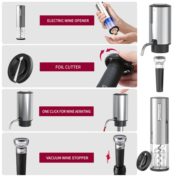 Electric Wine Opener Set 4-in-1, USB-C Rechargeable Corkscrew Bottle Opener, Wine Aerator with Foil Cutter, Stainless Steel Vacuum Wine Saver for Home Gift Set