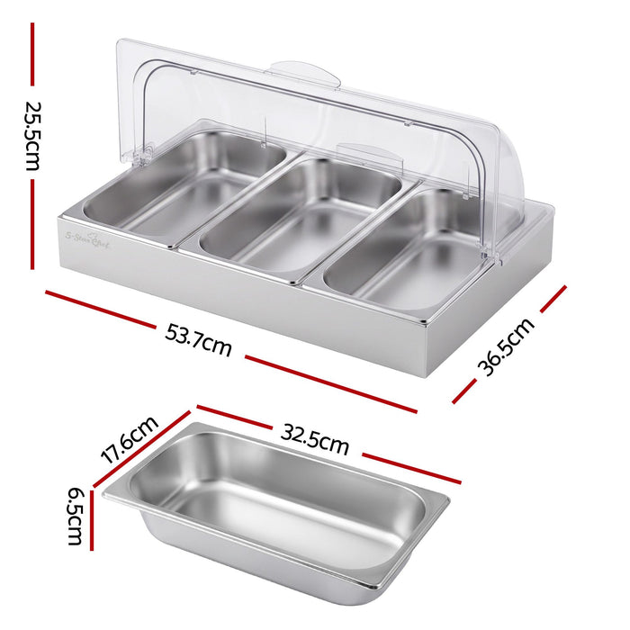 5-Star Chef 3 Pan Food Serving Display Stainless Steel with Clear Roll Top Cover
