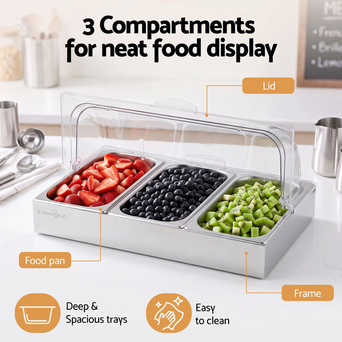5-Star Chef 3 Pan Food Serving Display Stainless Steel with Clear Roll Top Cover