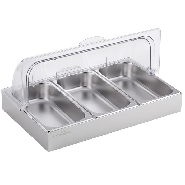 5-Star Chef 3 Pan Food Serving Display Stainless Steel with Clear Roll Top Cover