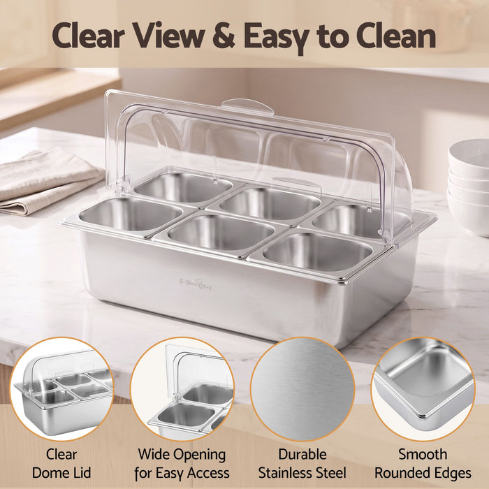 5-Star Chef 6 Pan Food Serving Display Stainless Steel Cooler Platter with Clear Roll Top Cover