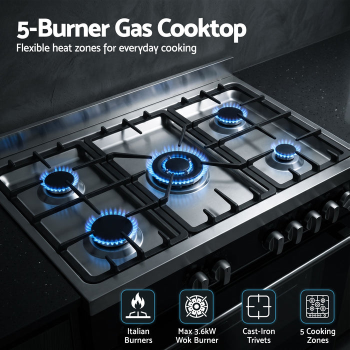 Devanti 90cm Dual Fuel Cooker Gas Cooktop Electric Oven 5 Burner