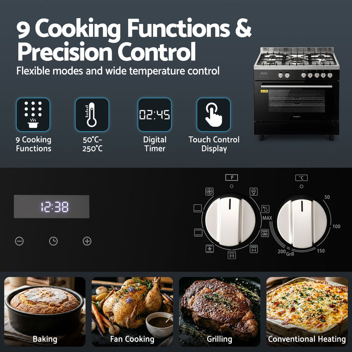 Devanti 90cm Dual Fuel Cooker Gas Cooktop Electric Oven 5 Burner