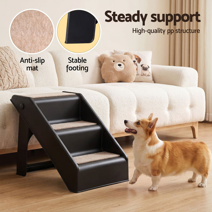 i.Pet Dog Ramp 3 Steps Pet Stairs For Bed Sofa Car Foldable Portable Ladder Black