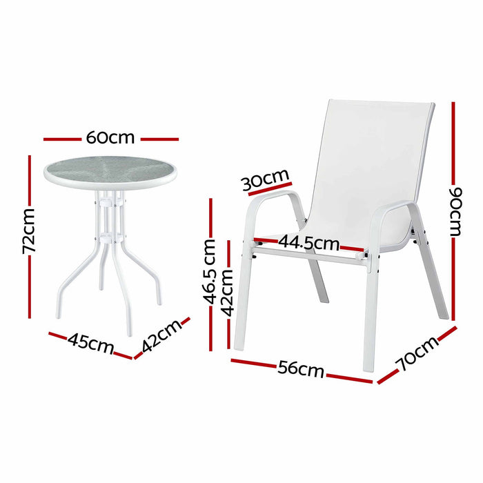 Gardeon 3PC Outdoor Bistro Set Table and Chairs Stackable Patio Furniture White