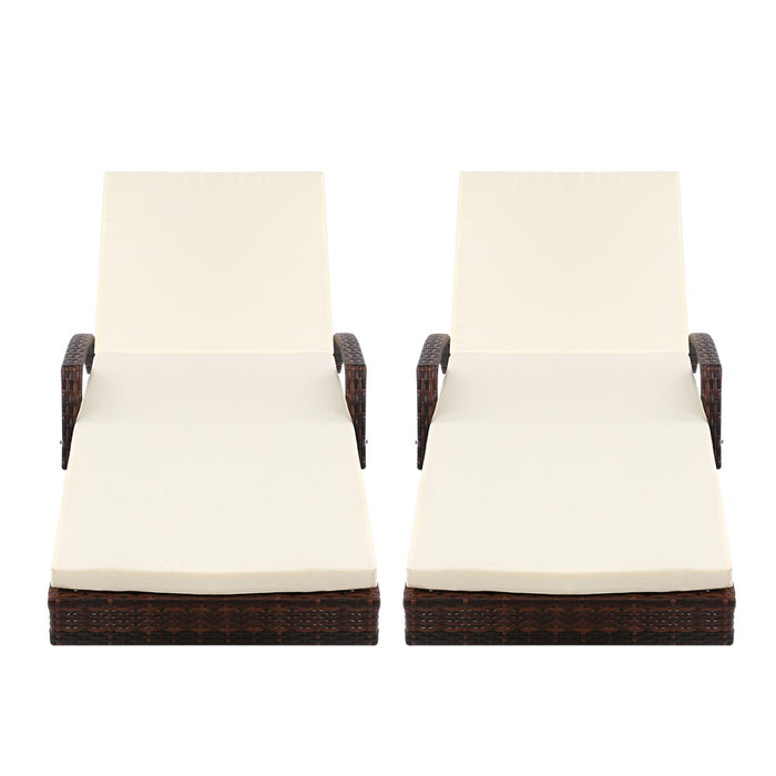 Gardeon 2PC Sun Lounge Wicker Lounger Outdoor Furniture Beach Chair Patio Adjustable Cushion Brown