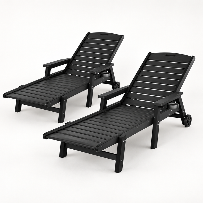 Gardeon 2PCS Sun Lounge Lounger Beach Chair HDPE Patio Outdoor Furniture with Wheels Black