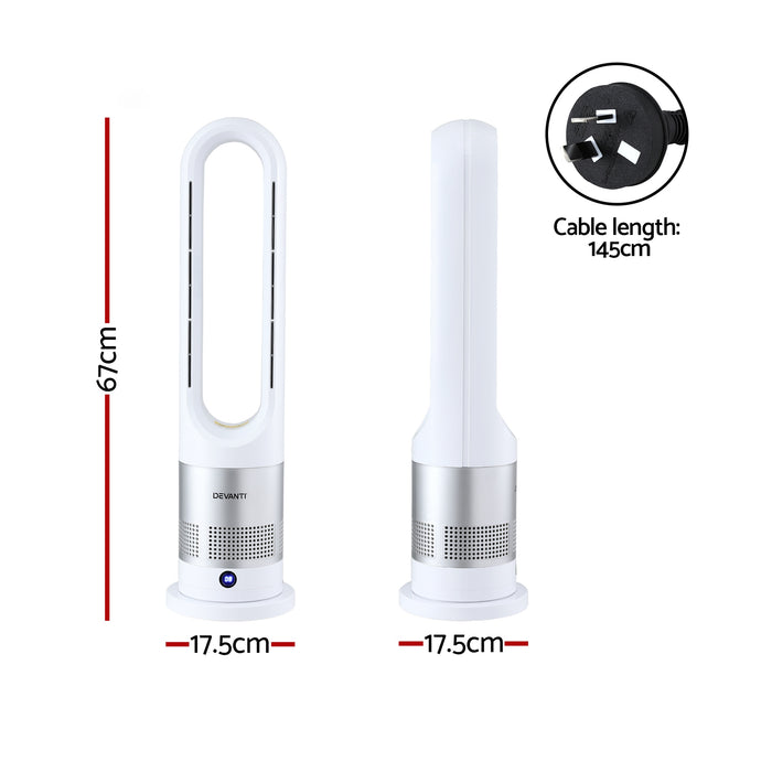 Devanti Bladeless Tower Fan Heater and Cooler 2in1 Portable Oscillation Fan for Bedroom Room Office Use White